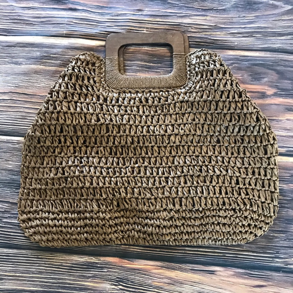 New Woven Macrame straw tote purse bag brown wood